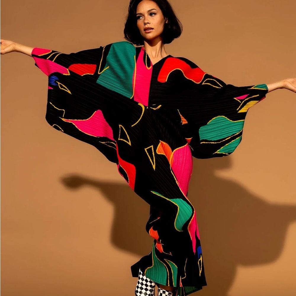 Dressed in LALA Black Midi Dress with Pink, Green, Red & Orange Abstract Print